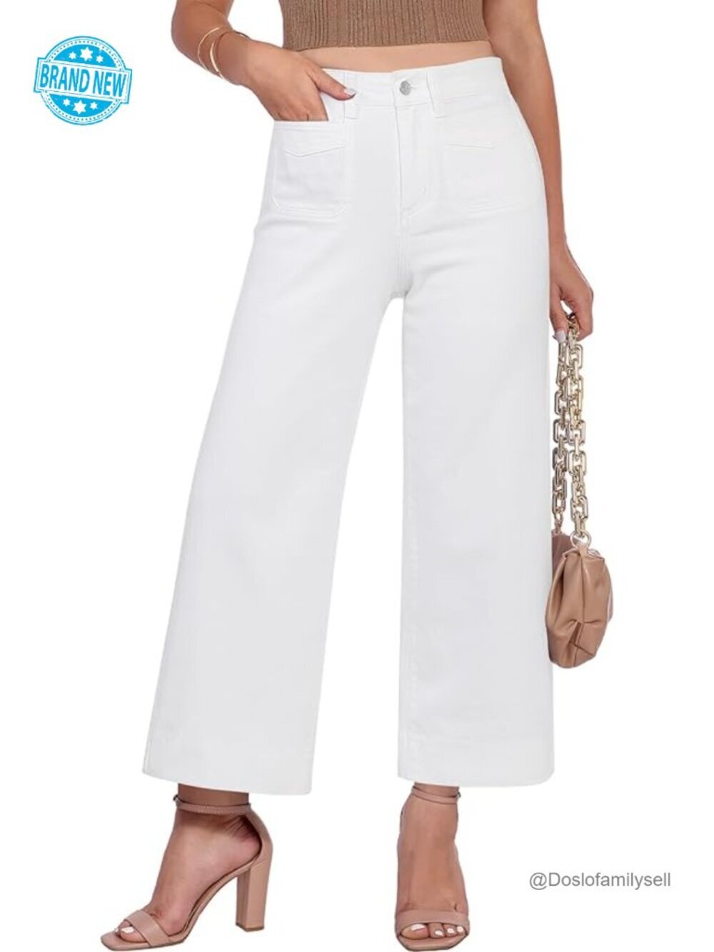 Wide Leg Cropped Jeans High Waisted Stretch Denim Patch Pocket
